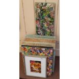 A painted stool plus three contemporary pictures