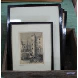 Four signed etchings of London views plus two prints