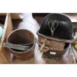 A copper coal helmet, bellows,