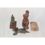A bronze Buddhas head and horse,