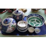 A pair of modern Chinese figure and floral lidded jars plus other Chinese and English ceramics
