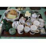 An inlaid oak tea tray plus items of china and glass
