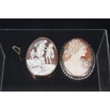 Two cameo brooches, one in silver mount,