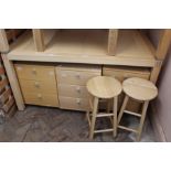 A modern desk/dining table plus 3 x three drawer chests plus two kitchen stools