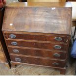 A Georgian mahogany bureau with unusual plate handles depicting chickens