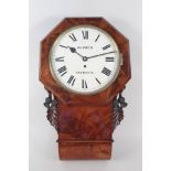 A 19th Century flame mahogany drop dial wall clock with fusee movement with thistle carving to case,