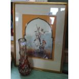 C W Morsley watercolour of mounted Arabs plus a Venetian glass vase