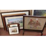 Various tractor prints plus a woolwork fire screen