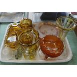 Two yellow flashed cut glass vases plus other glass