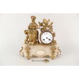 A 19th Century gilt metal and alabaster mantel clock with shepherdess decoration