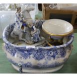 A 19th Century blue and white foot bath, blue and white plates,