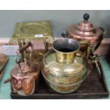 A Victorian copper tea urn, seamed copper kettle,