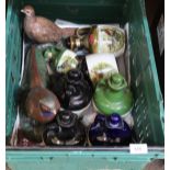 A pair of pottery pheasants plus two boxes of whisky jars and bottles