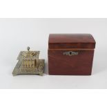 A 19th Century mahogany single compartment tea caddy plus a brass inkwell