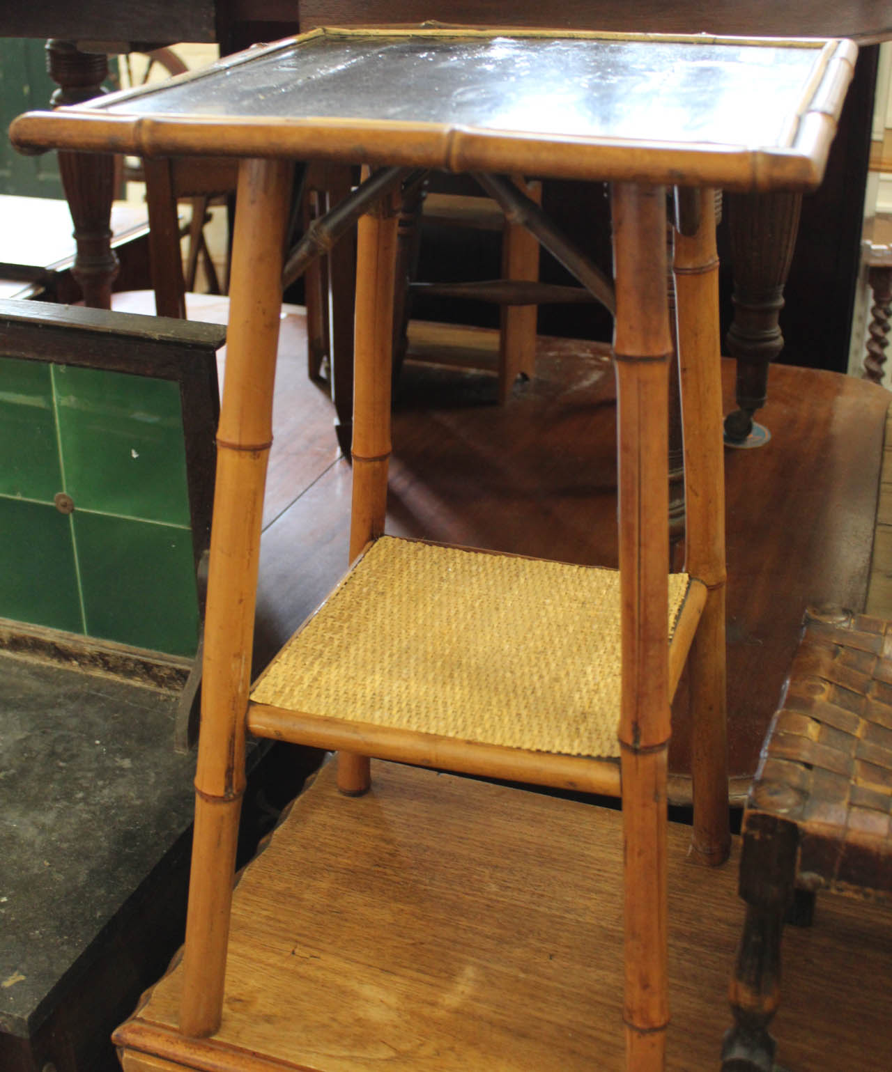 A modern Chinese hardwood seven drawer sideboard and a vintage bamboo side occasional table with - Image 2 of 2