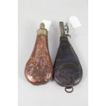 A copper powder flask with a leather shot flask,