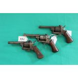 Three Victorian 7mm pin-fire revolvers (all as found)