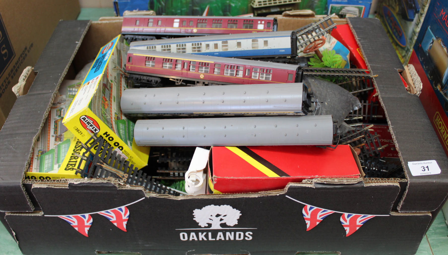 Model railway accessories including boxed Airfix, Hornby carriages,