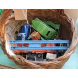 A basket containing die cast and tin plate models, Corgi, Mettoy,