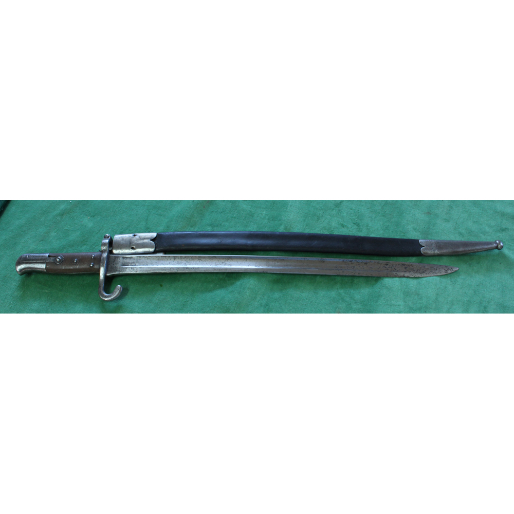 An Austrian model 1870 sabre bayonet with a leather scabbard