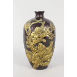 A Japanese bronze vase with yellow metal bird and floral decoration and calligraphy, mark to base,