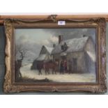 G Smythe oil on canvas of a winter scene cottage with figures and horse,