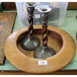 A pair of early 20th Century Liberty style pewter and barley twist oak candlesticks by Lion Pewter