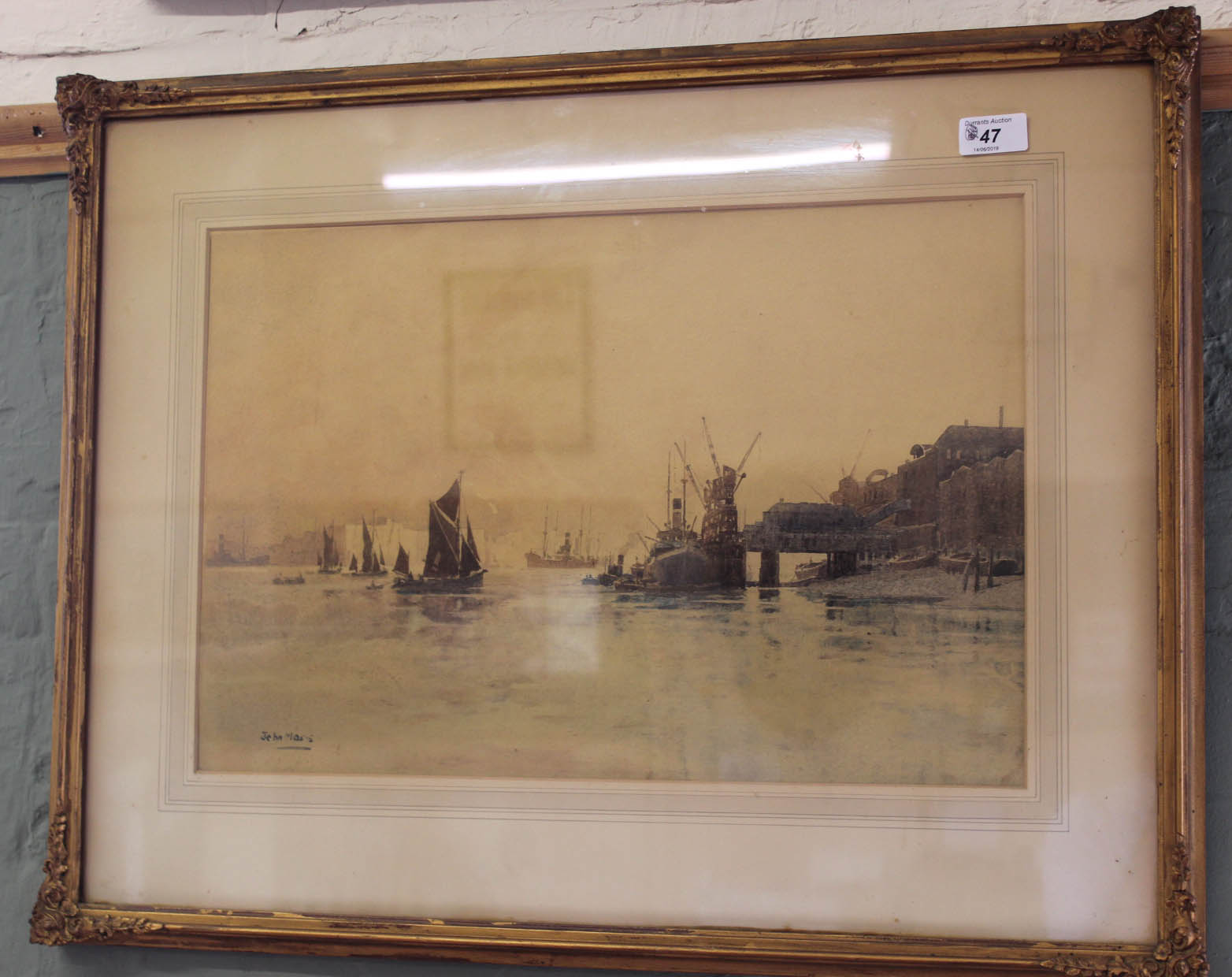 John Mace watercolour of a port scene with vessels,