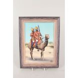 A well painted oil on board of two Sikh soldiers astride a camel, signed Jeanne L M.A.A.