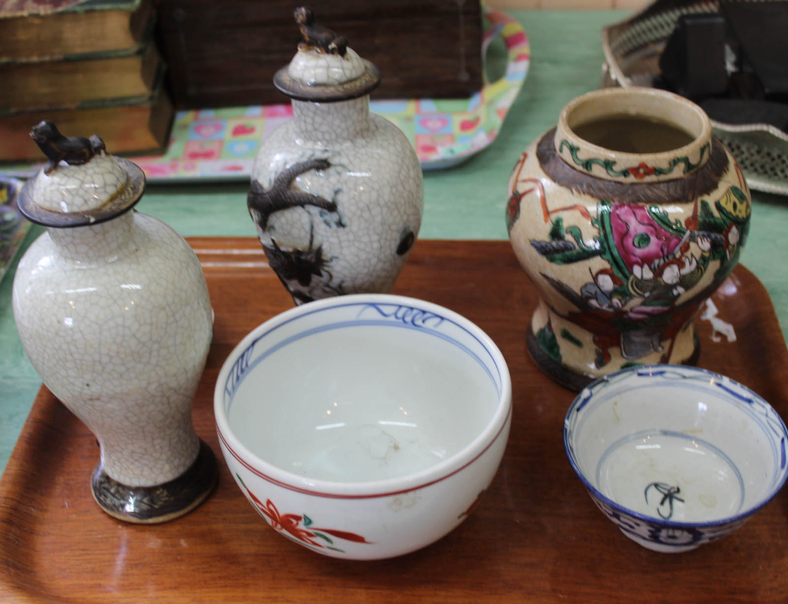 Three Chinese crackle ware vases plus other china