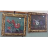 A pair of Rowland Fisher still life floral paintings, one with small gnomes,