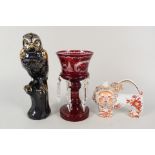 A Victorian ruby flashed table lustre with deer and bird decoration,