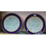 A pair of French pottery wall plates with relief classical scene decoration