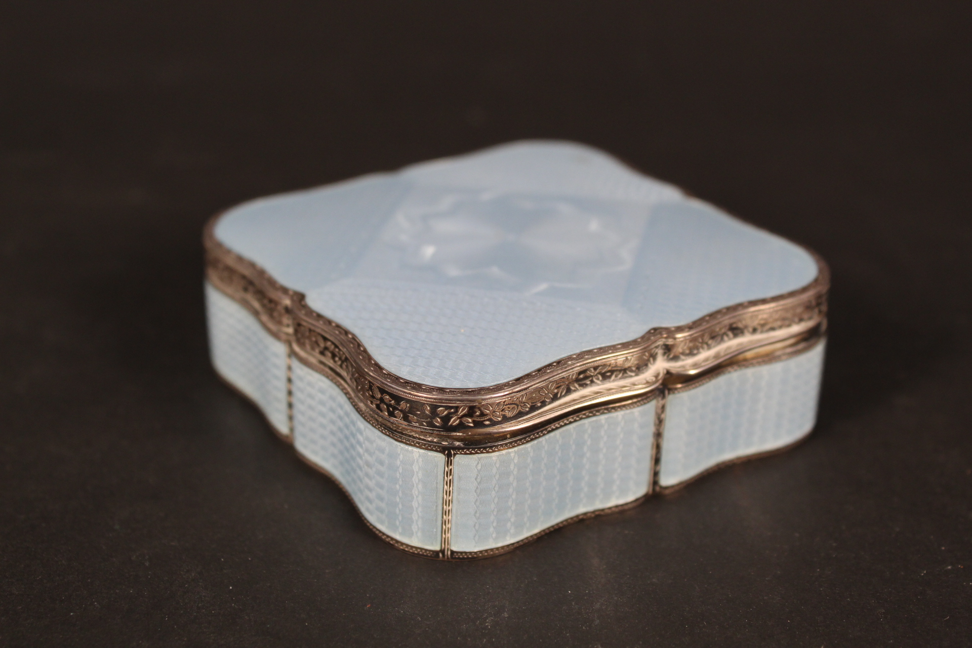 A continental silver and blue enamel dressing table box