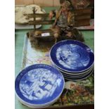 Ten Copenhagen Christmas plates plus a Capo Di Monte tramp on bench