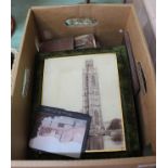 Various miniature frames and photos including a photo locket and a classical ruins watercolour