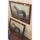 A pair of framed sepia photos of race horses,