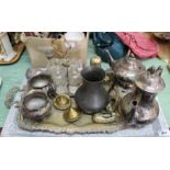 A silver plated four piece tea set plus silver plate etc