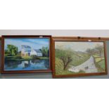 Edwin Clarke oil on board of a river scene with swans plus another oil of Chilham Mill,