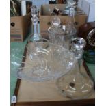 Four various decanters plus other glassware