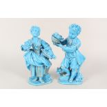 A pair of 19th Century Sevres turquoise glazed figures of flower sellers (one as found),