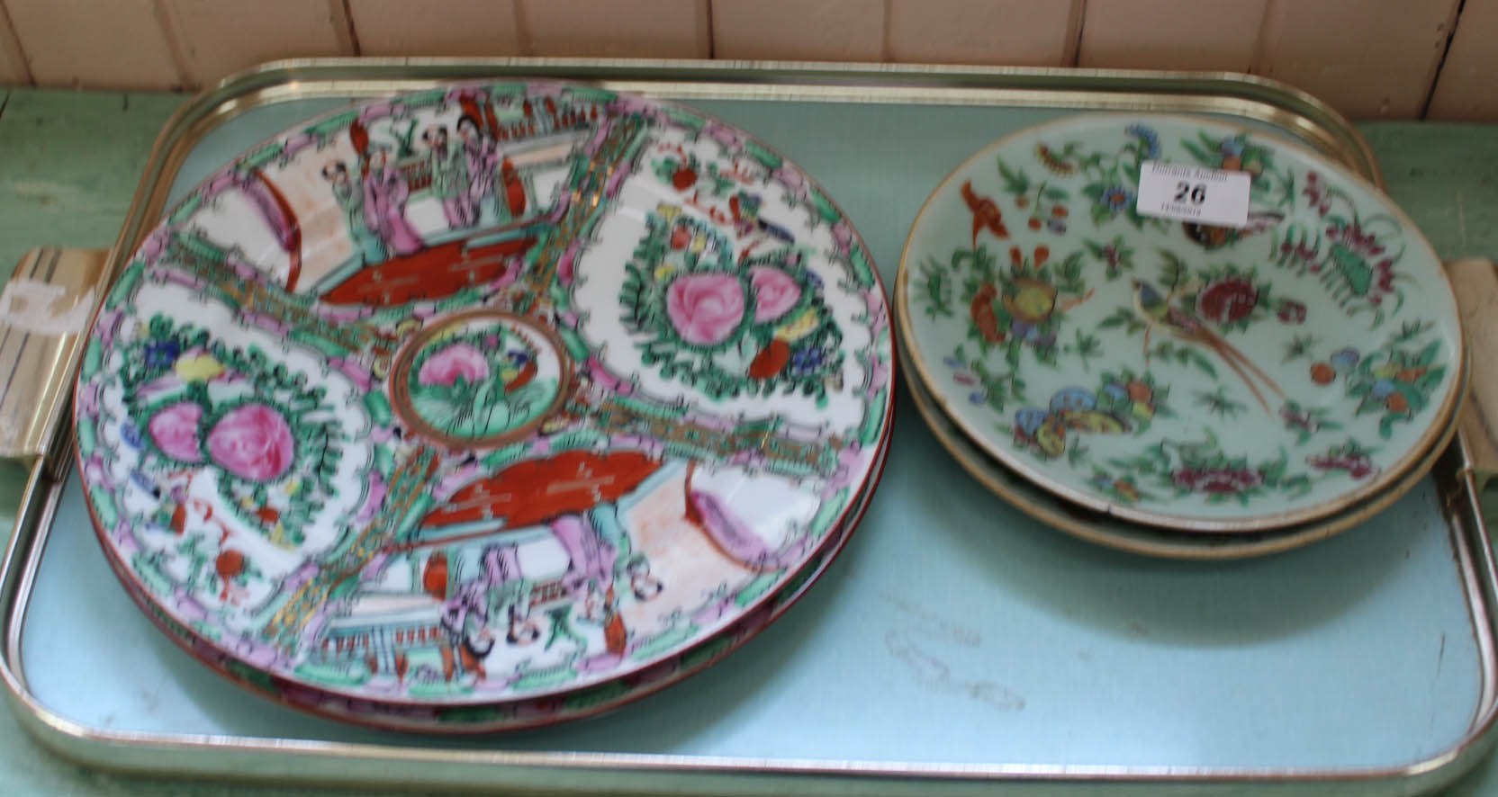 Two Chinese Celadon plates plus two modern plates