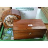 A 19th Century mahogany two compartment tea caddy plus an inlaid mahogany mantel clock