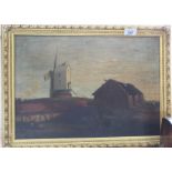 Norwich School oil on canvas of a windmill scene, marked verso F B Eaton,