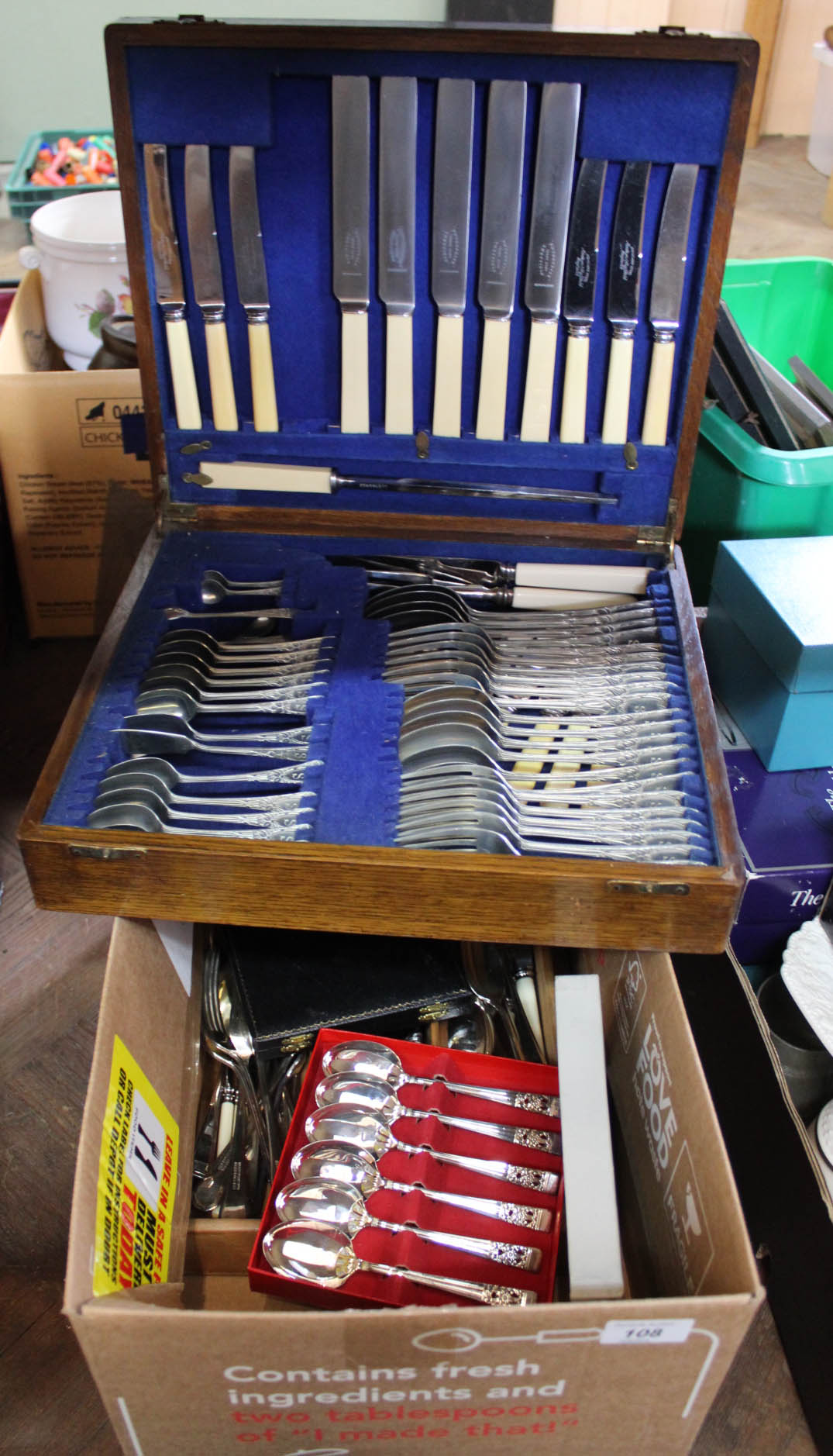 A canteen of cutlery plus a cutlery tray of boxed and other cutlery