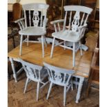 A French dove grey painted dining table with stripped pine top and six matching chairs including