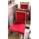 An Edwardian red velvet upholstered mahogany single chair and matching armchair