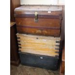 Two Victorian pine storage boxes and a metal steamer trunk