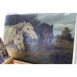 Unframed oil on canvas of three horses heads and shoulders feeding,