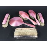 Five piece silver pink guilloche enamel dressing table set (all pieces have some enamel damage)